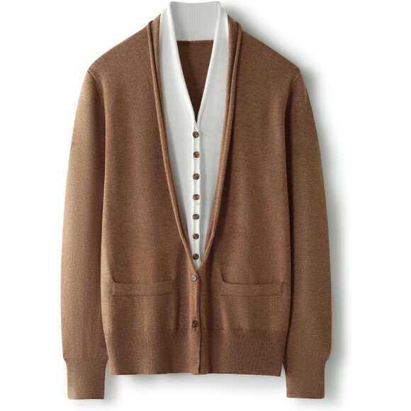 Women's Merino Wool Sweater Fake Two-Piece Cardigan Fall Winter V-Neck - Picture 1 of 6